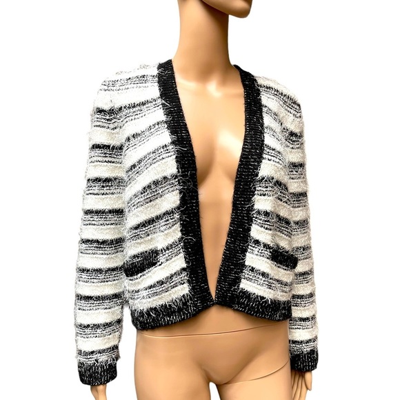 Calvin Klein black white striped eyelash fuzzy knit cropped open cardigan large - Picture 1 of 12